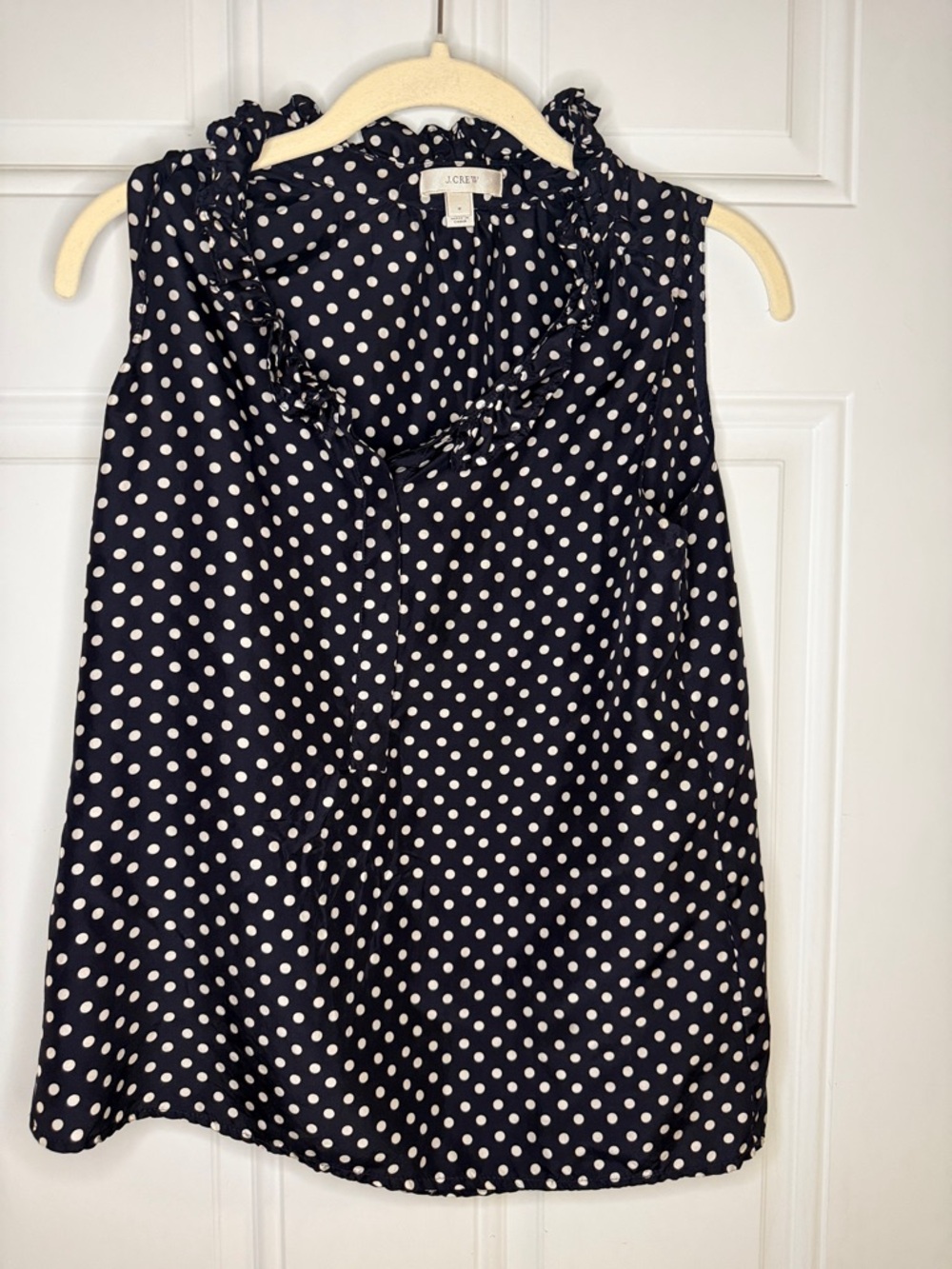 J. Crew Navy Polka Dot Ruffle Neck Sleeveless Top
